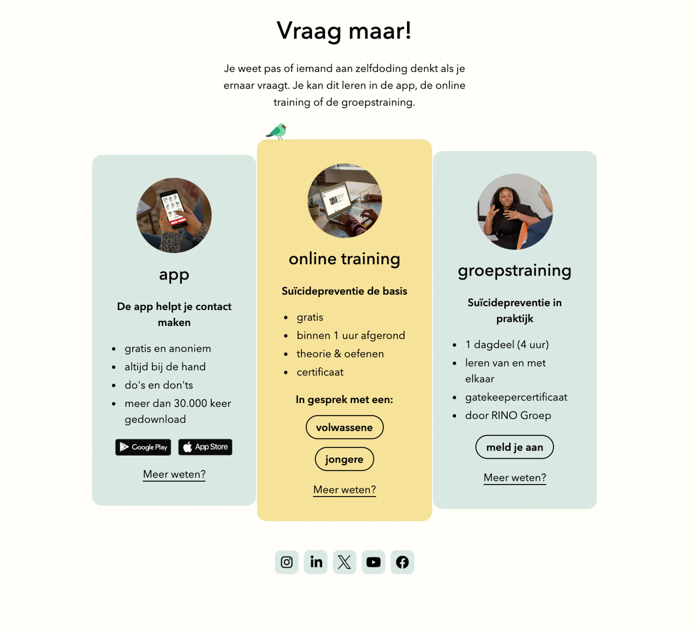 Startpagina van de 113 vraagmaar applicatie