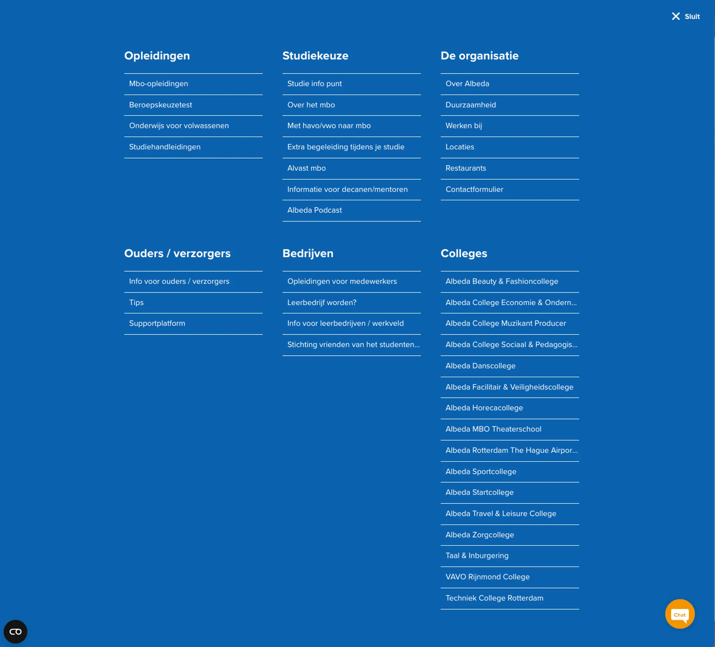 Het mega menu van Albeda.nl