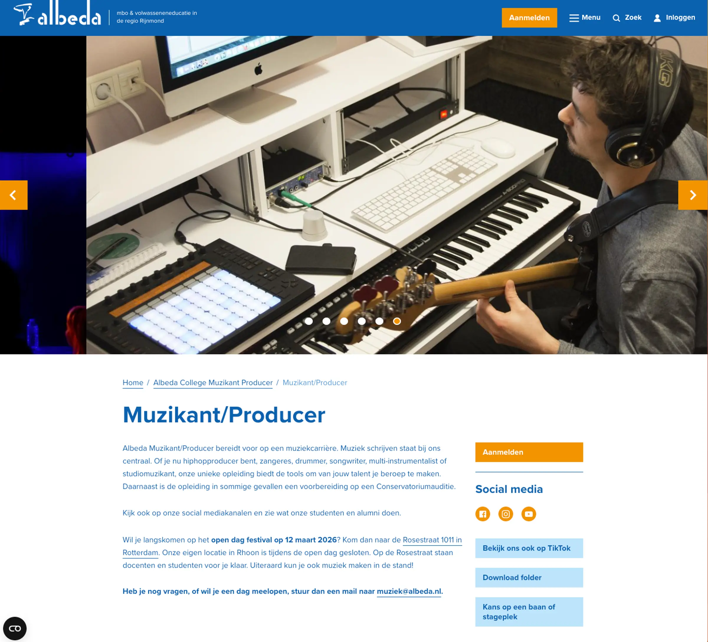 Screenshot van de albeda opleidingspagina voor muzikant producer