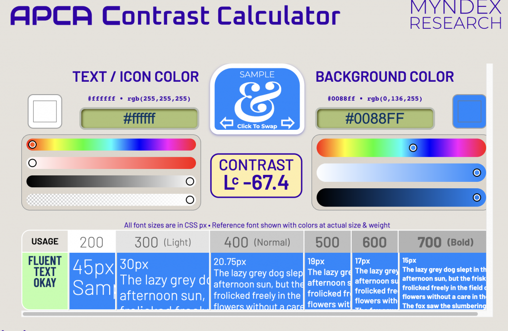 APCA contrast checker witte tekst op blauwe #0088ff achtergrond.