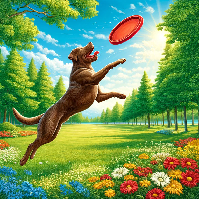 Actieve bruine Labrador springt hoog om een rode frisbee te vangen in een bloemrijk, zonnig park.
